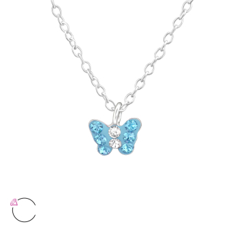 Zilveren ketting met als hanger een vlinder in blauwe kristallen